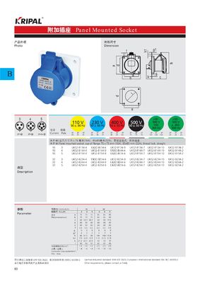 เฟสเดียวอุตสาหกรรม 16A 230V IP44 ซ็อกเก็ตติดตั้งบนแผงมาตรฐาน IEC